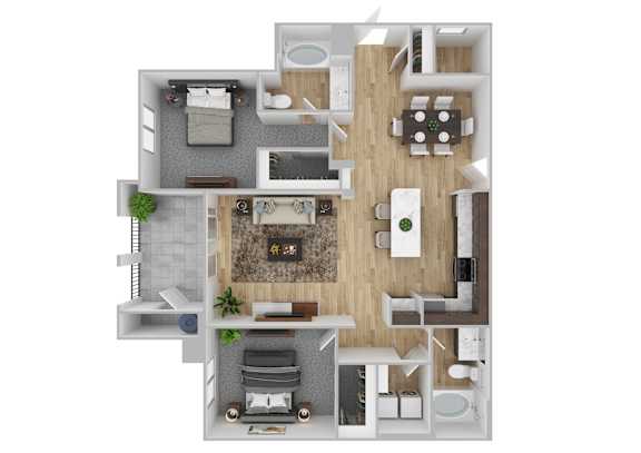 A top-down view of a small apartment with a living room, kitchen, and bathroom.