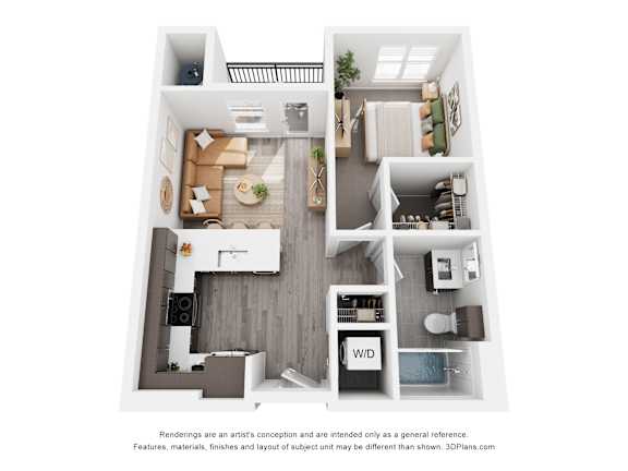 A 3D floor plan of a small apartment with a kitchen, living room, and bathroom.