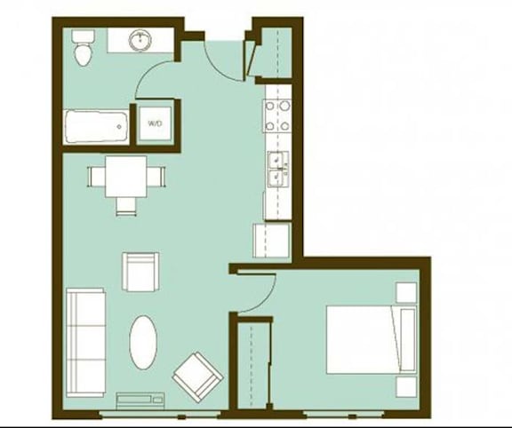 A floor plan of a house with a kitchen, living room, and bathroom.