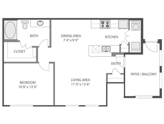 A floor plan of a house with a bedroom, bathroom, dining area, kitchen, living area, and closet.