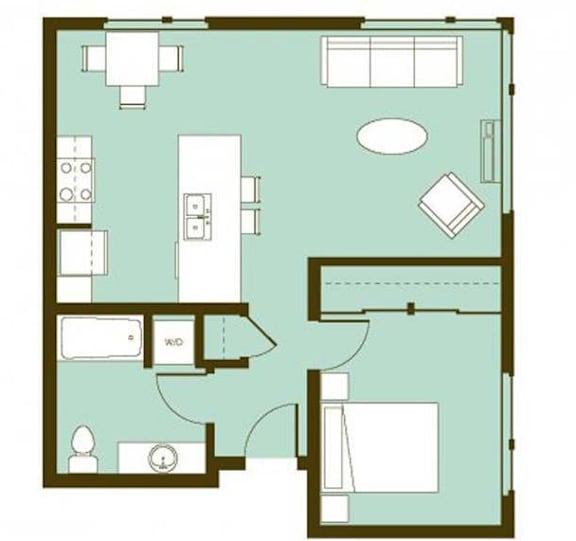 A floor plan of a house with a kitchen, living room, and two bedrooms.