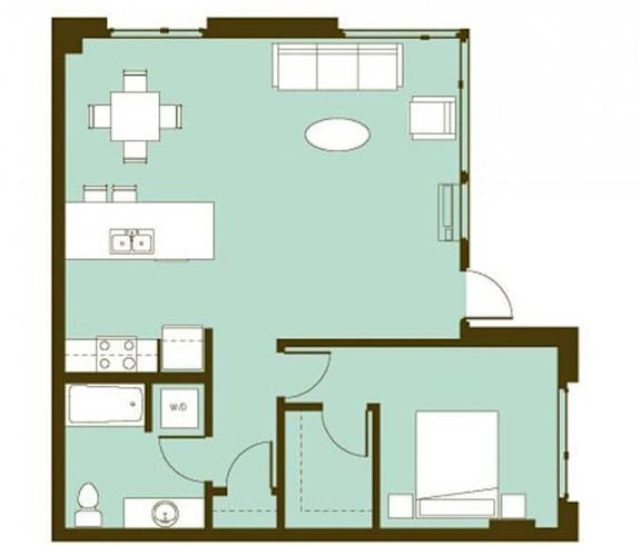 A floor plan of a house with a kitchen, living room, and two bedrooms.