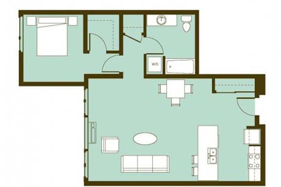 A floor plan of a house with a kitchen, living room, and two bedrooms.