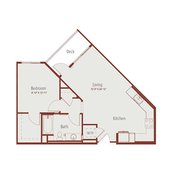 A floor plan of a house with a deck, living room, kitchen, bathroom, and bedroom.