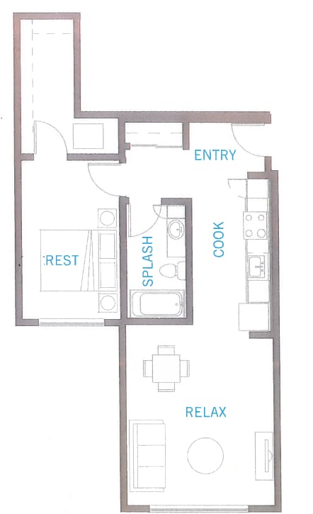 A floor plan of a house with labeled rooms such as kitchen, bathroom, and living room.
