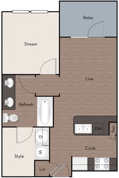A floor plan of a kitchen with a linen drawer and a double sink.