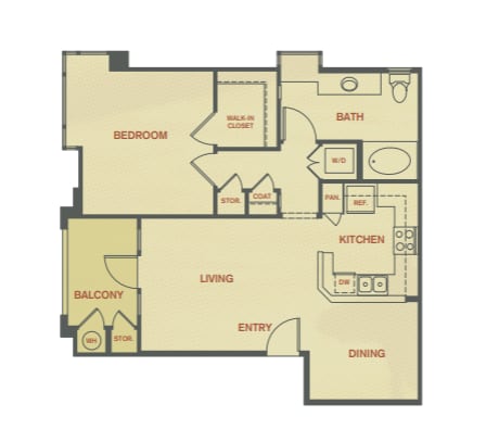 A floor plan of a house with a bedroom, bath, kitchen, dining area, living room, balcony, and entry.