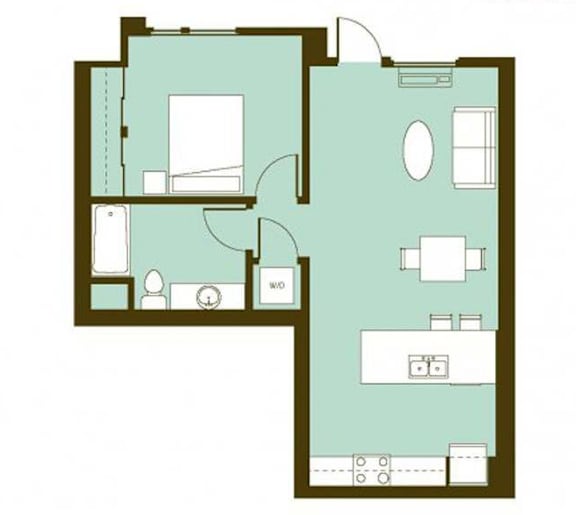 A floor plan of a house with a kitchen, living room, and two bedrooms.