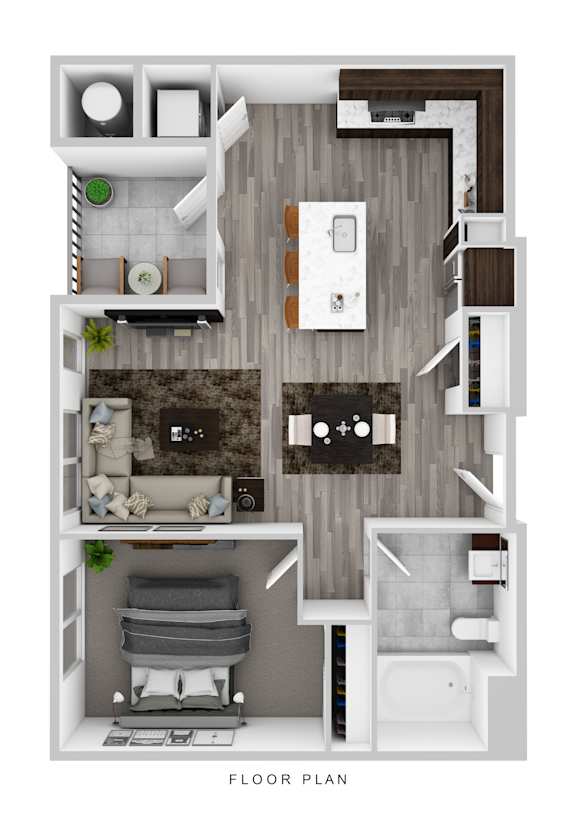 A floor plan of a small apartment with a living room, kitchen, and bathroom.