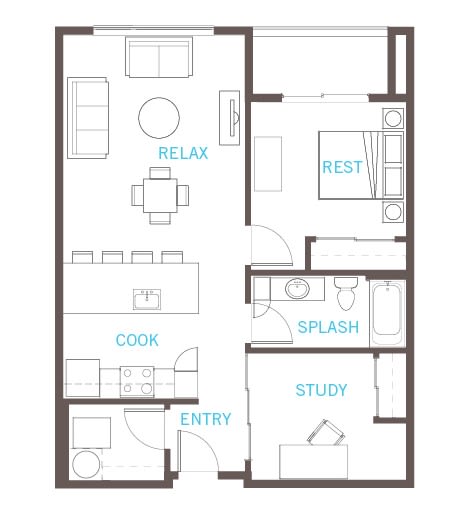 one bedroom, one bath, plus den A25 floor plan at Vue 22 Apartments