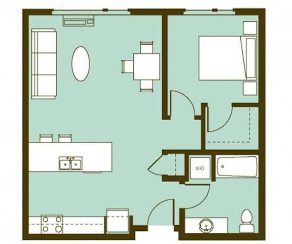 A floor plan of a house with a kitchen, living room, and two bedrooms.