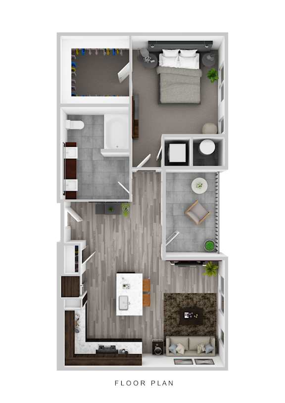 A floor plan of a small apartment with a kitchen, living room, and bathroom.