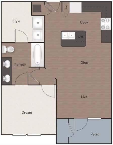 A floor plan of a house with labeled rooms such as "Style", "Dream", "Refresh", "Dine", "Live", and "Relax".
