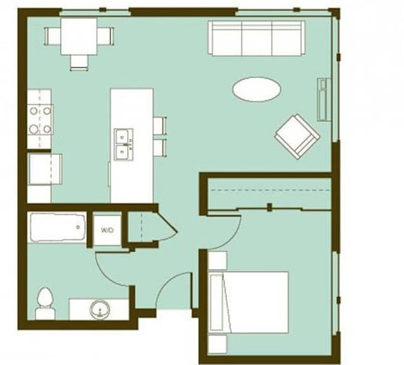 A floor plan of a house with a kitchen, living room, and bathroom.