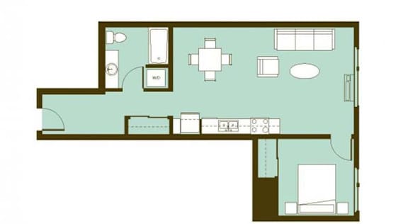 A floor plan of a house with a kitchen, living room, and two bedrooms.