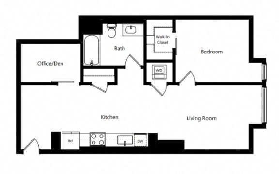 a floor plan of a living room with a bedroom and a kitchen