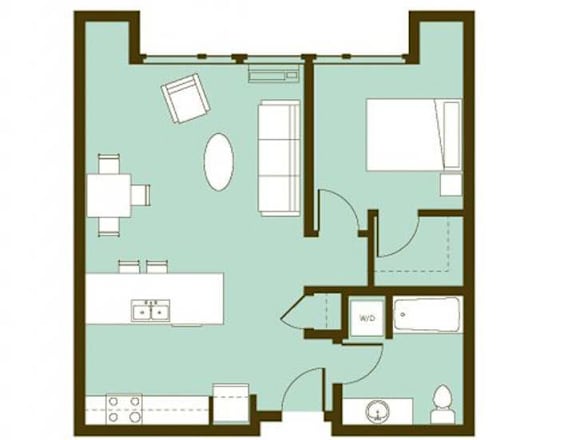 A floor plan of a house with a kitchen, living room, and two bedrooms.