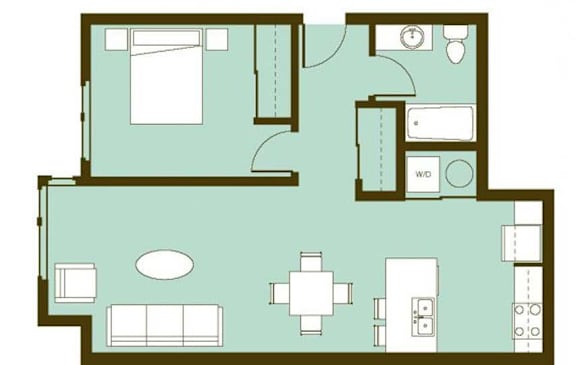 A floor plan of a house with a kitchen, living room, and two bedrooms.
