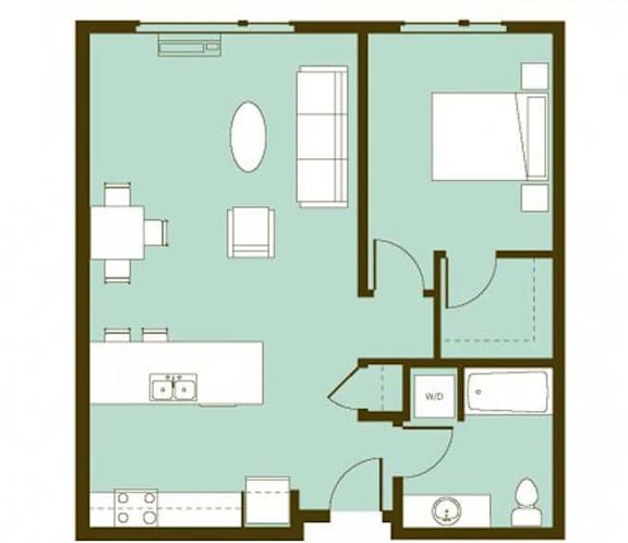 A floor plan of a house with a kitchen, living room, and two bedrooms.