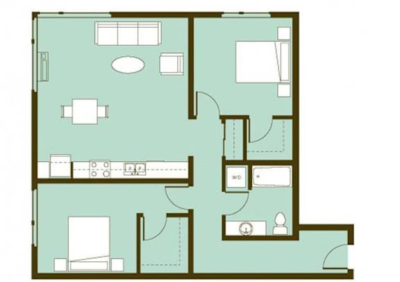 A floor plan of a house with a kitchen, living room, and two bedrooms.