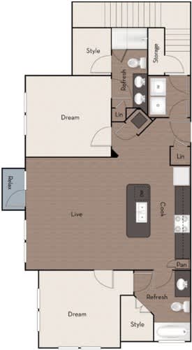 A floor plan of a kitchen with a layout that includes a refrigerator, oven, sink, and cabinets.