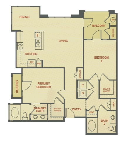A floor plan of a house with a living room, dining room, kitchen, two bedrooms, two bathrooms, a balcony, and a walk-in closet.