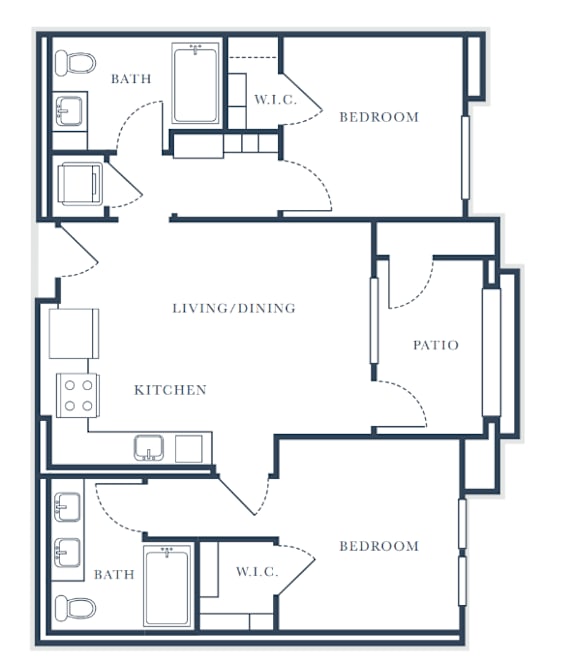 A floor plan of a house with a living room, dining room, kitchen, and two bedrooms.