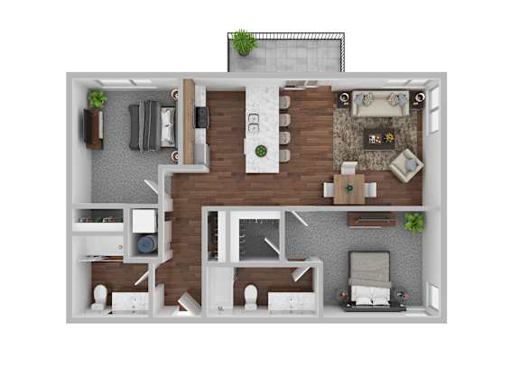 A 3D floor plan of a house with a living room, kitchen, and two bedrooms.