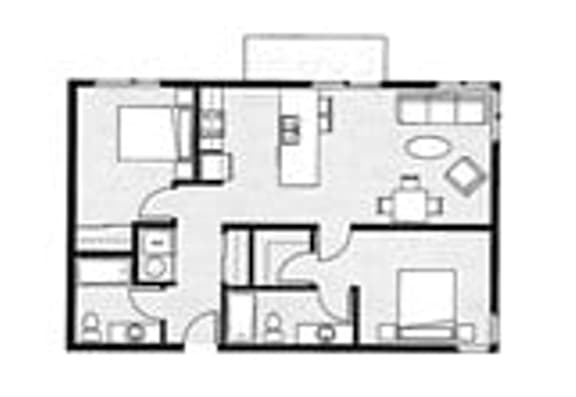 A floor plan of a house with a kitchen, living room, and two bedrooms.