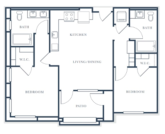 A floor plan of a house with two bedrooms, a living area, kitchen, and bathrooms.