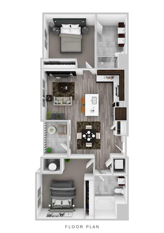 A floor plan of a small apartment with a kitchen, living room, and bedroom.