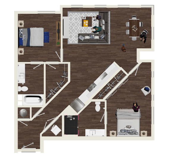A top-down view of a house layout with a kitchen, living room, and bedrooms.
