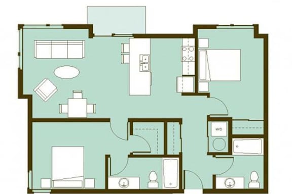 A floor plan of a house with a kitchen, living room, and two bedrooms.