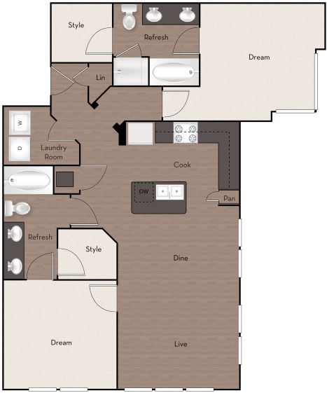 A floor plan of a house with a laundry room, a kitchen, a dining room, and a living room.