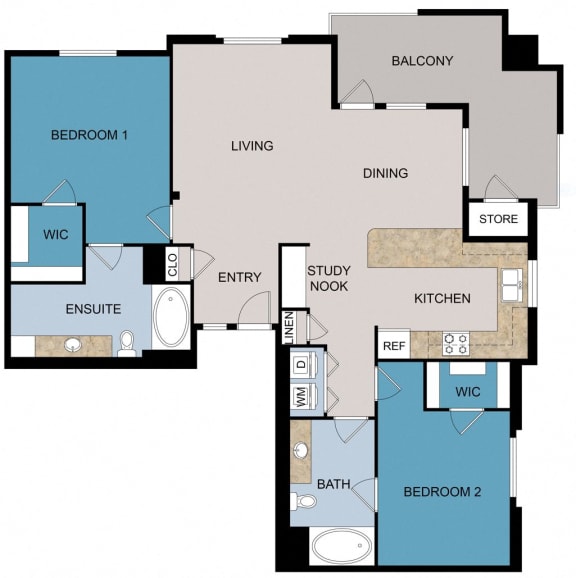 a floor plan of a bedroom apartment with a living room and a dining room