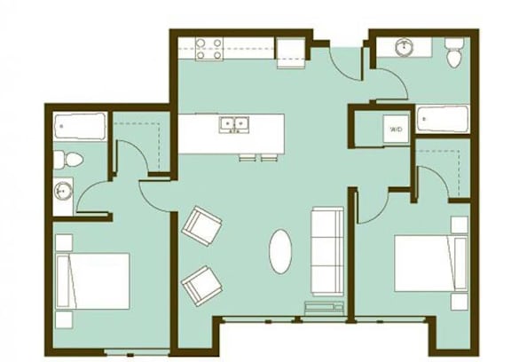 A floor plan of a house with a kitchen, living room, and two bedrooms.