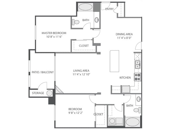 A floor plan of a house with a master bedroom, a living area, a dining area, a kitchen, a patio, a bath, a closet, and a storage space.