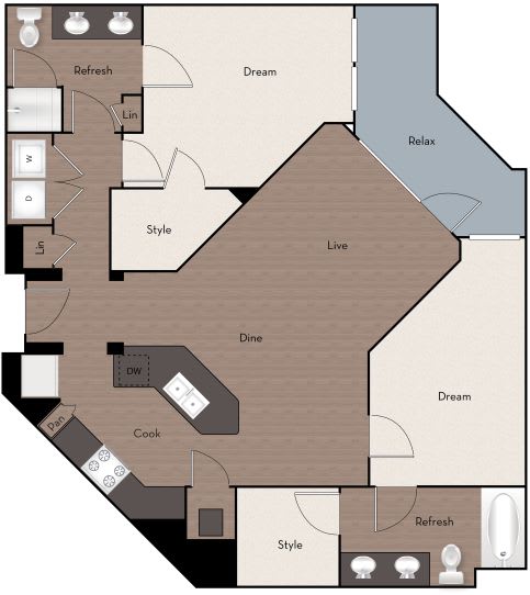 A floor plan of a house with labeled rooms such as "Dream," "Relax," and "Live."