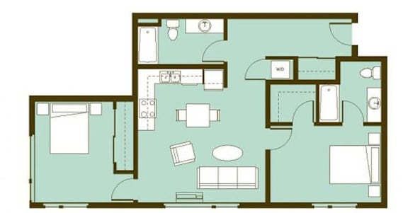 A floor plan of a house with a kitchen, living room, and two bedrooms.