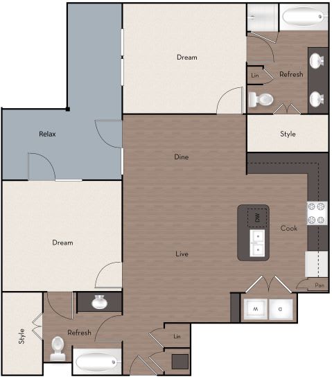 A floor plan of a house with labeled rooms such as "Dream," "Relax," and "Style."