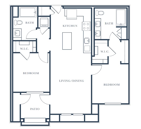 A floor plan of a house with two bedrooms, a living/dining area, a kitchen, a bathroom, a pantry, and a patio.