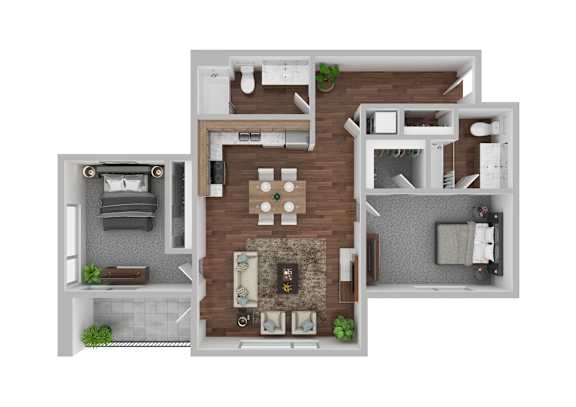 A 3D floor plan of a house with a living room, kitchen, dining room, and two bedrooms.