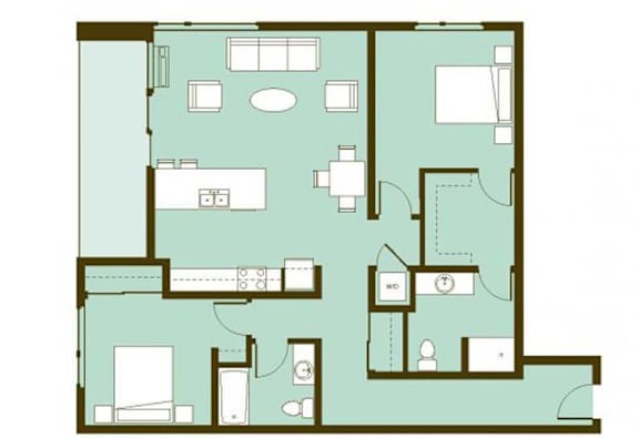 A floor plan of a house with a kitchen, living room, and two bedrooms.