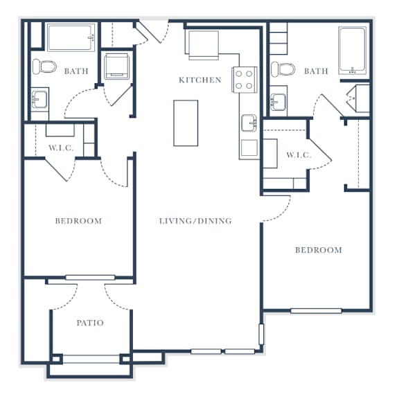 A floor plan of a house with two bedrooms, a living/dining area, a kitchen, two bathrooms, and a patio.