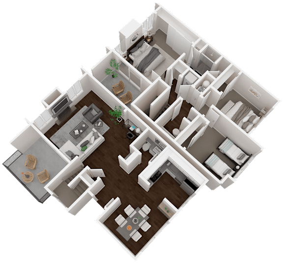 A 3D floor plan of a house with multiple rooms and furniture.