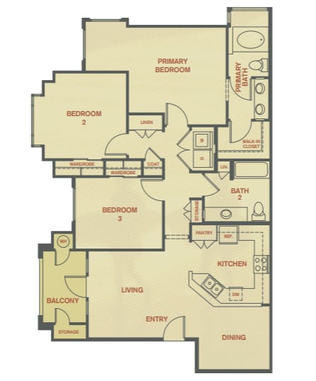 A floor plan of a house with labeled rooms such as Bedroom 2, Bath 2, Kitchen, and Dining.