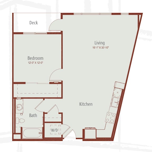 A floor plan of a house with a deck, living room, bedroom, kitchen, and bathroom.