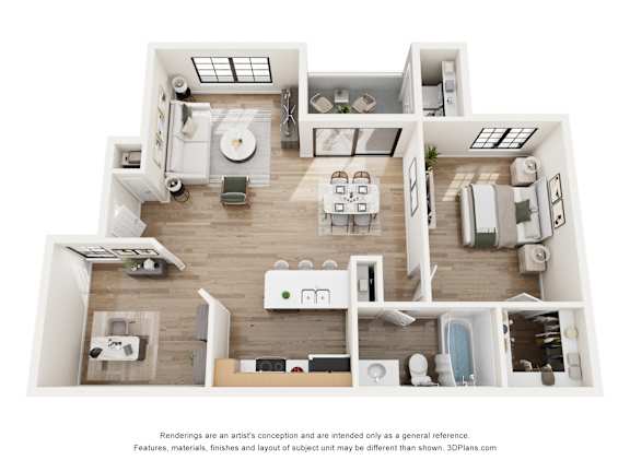 A 3D floor plan of a house with a kitchen, living room, and bathroom.