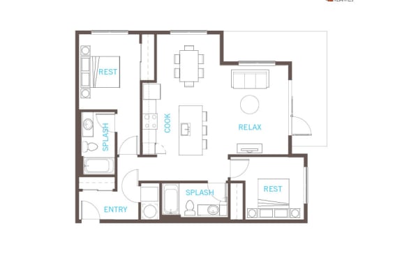 2 Bedroom 2 Bathroom Floor Plan at Vue 22 Apartments, Bellevue, WA