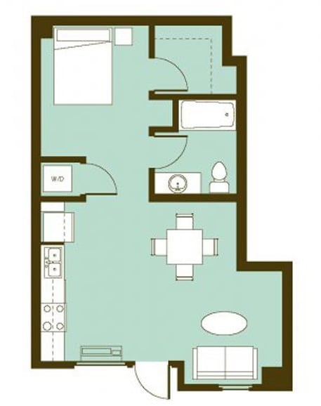 A floor plan of a house with a kitchen, living room, and bathroom.